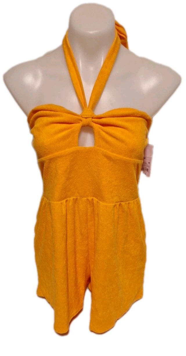 Wild Fable Neon Orange Key Hole Halter Terry Cloth Romper Womens Size Medium NWT
