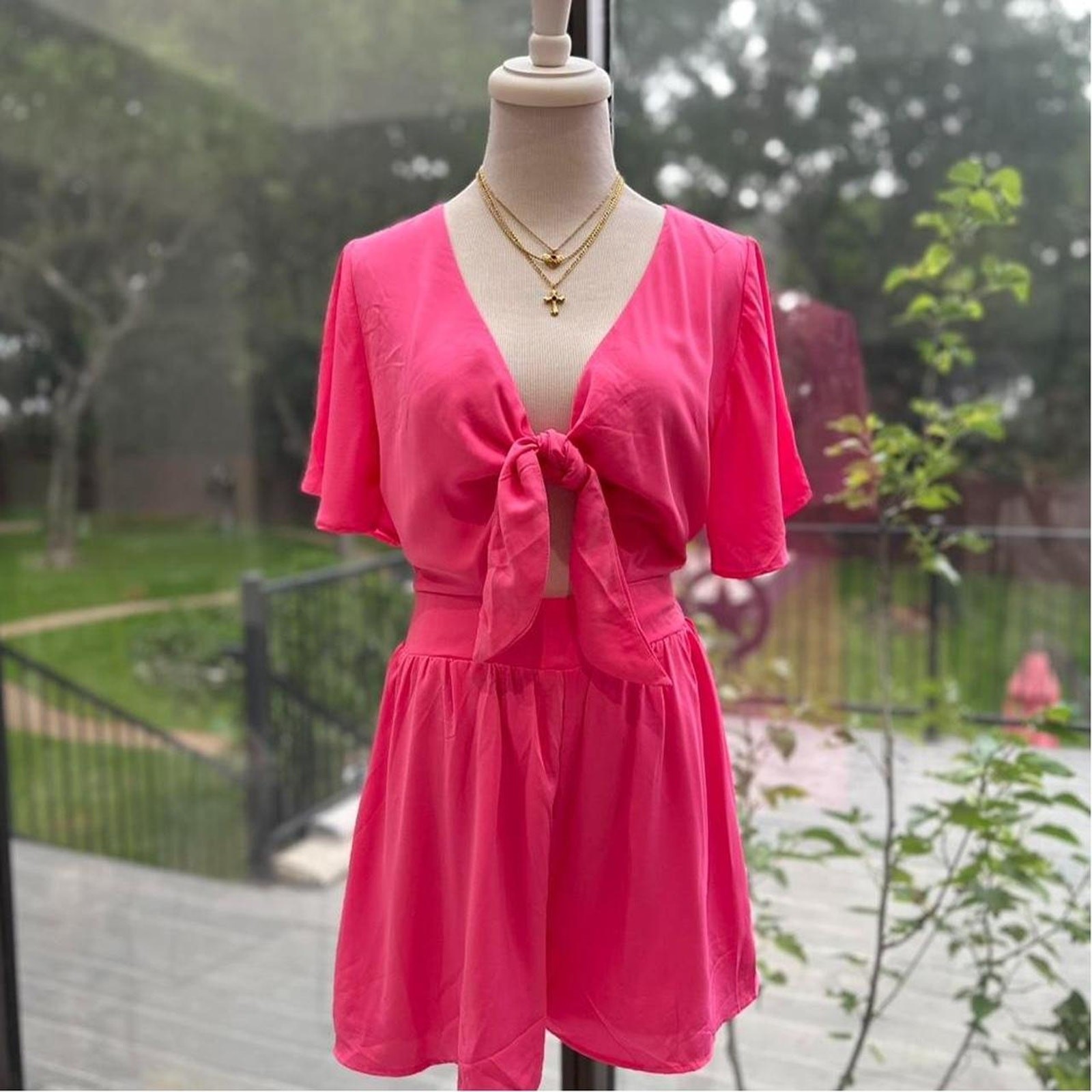 Pink Tie Front Romper Elastic Waist Summer Outfit