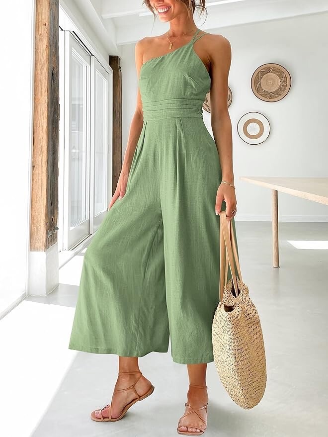ANRABESS Women’s Summer Straps One Shoulder High Waist Dressy Casual Wide Leg
