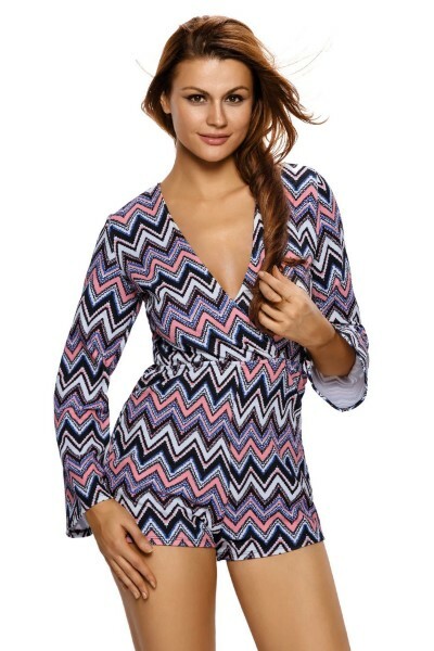 Long Sleeve Playsuit Ladies “S” “M” “L” Multicolor Zigzag Print Deep V Lace-up