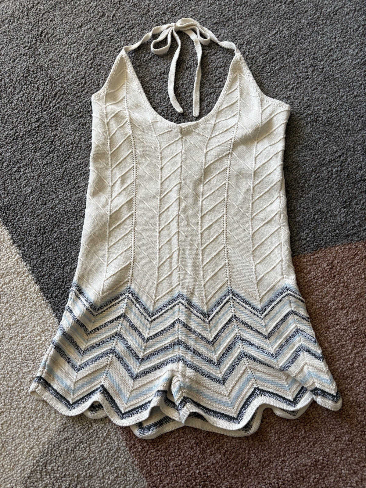 NWT American Eagle Cream -Blue Chevron Crochet Beach Halter Romper Shorts XL