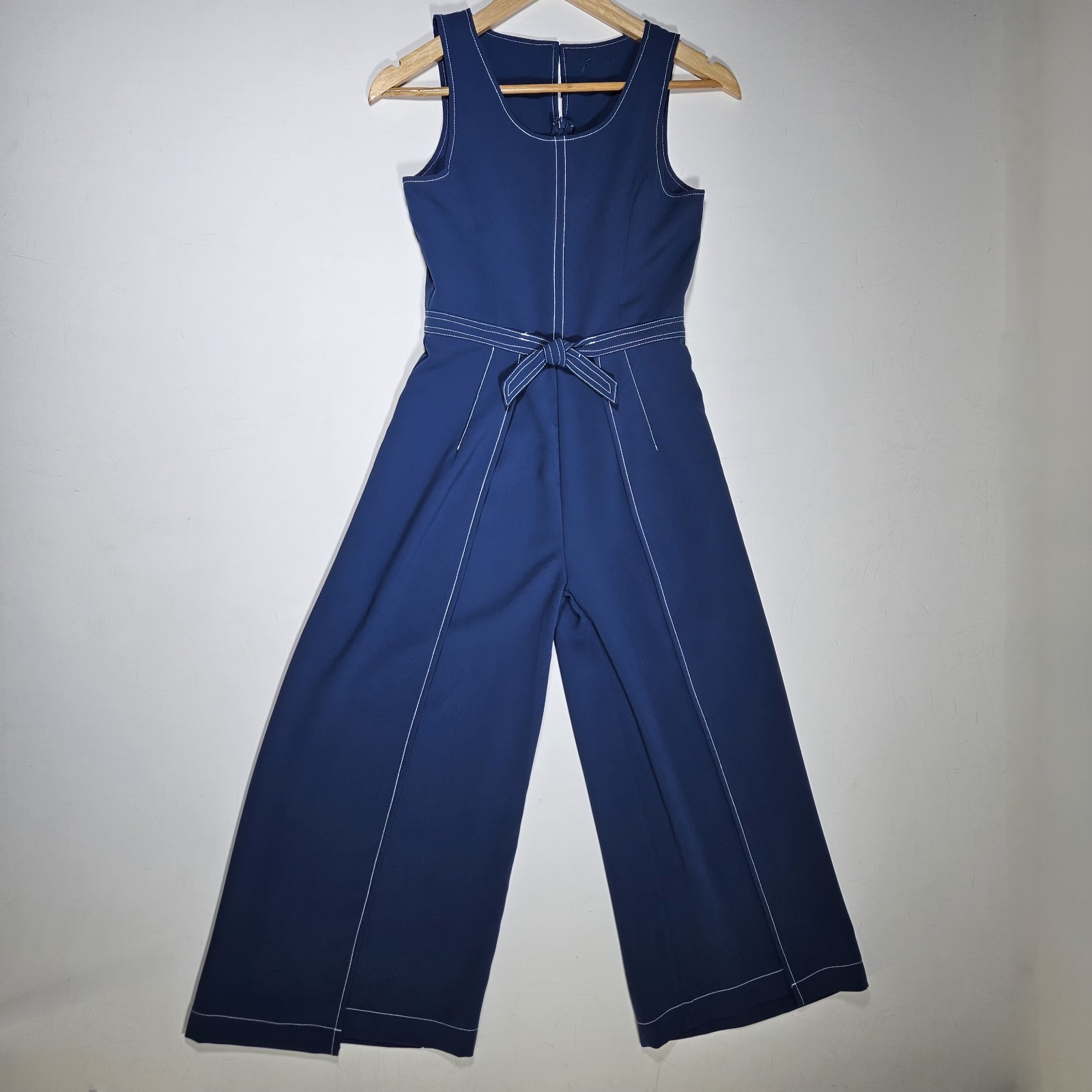 Jumpsuit Womens 12 Blue Contrast Stitch Wide Leg Sleeveless Bow Waist One Piece