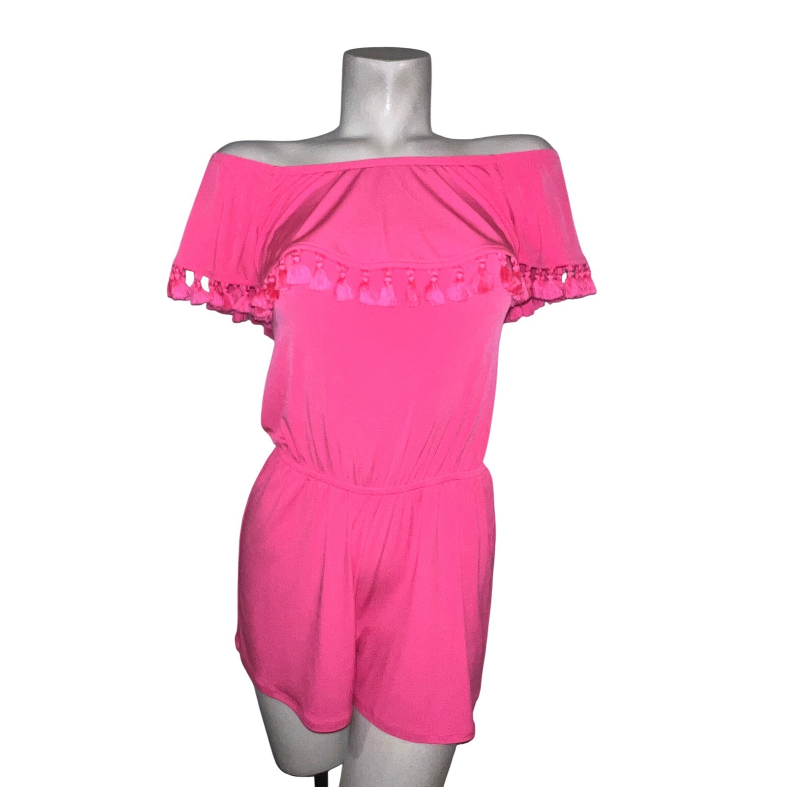 New Lilly Pulitzer Hot Pink Off The Shoulder Tassel Trim Romper Barbiecore Boho