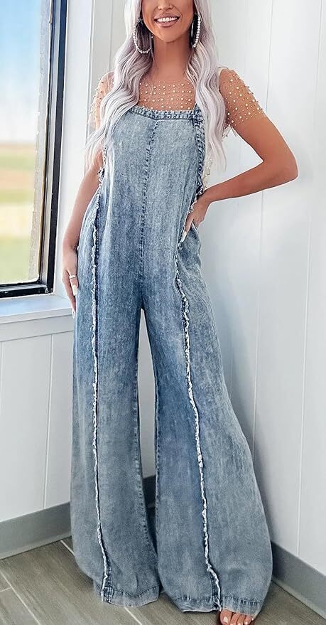 Women Loose Fit Denim Jumpsuit Adjustable Straps Wide Leg Long Pants Frayed Jean