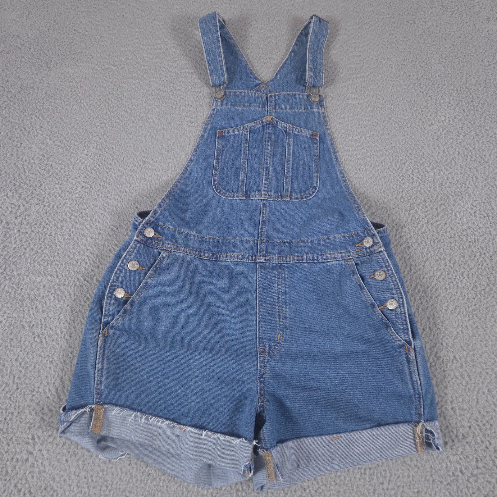 Old Navy Overalls Women Medium Blue Bib Denim 3.5″ Cuffed Medium Wash Casual