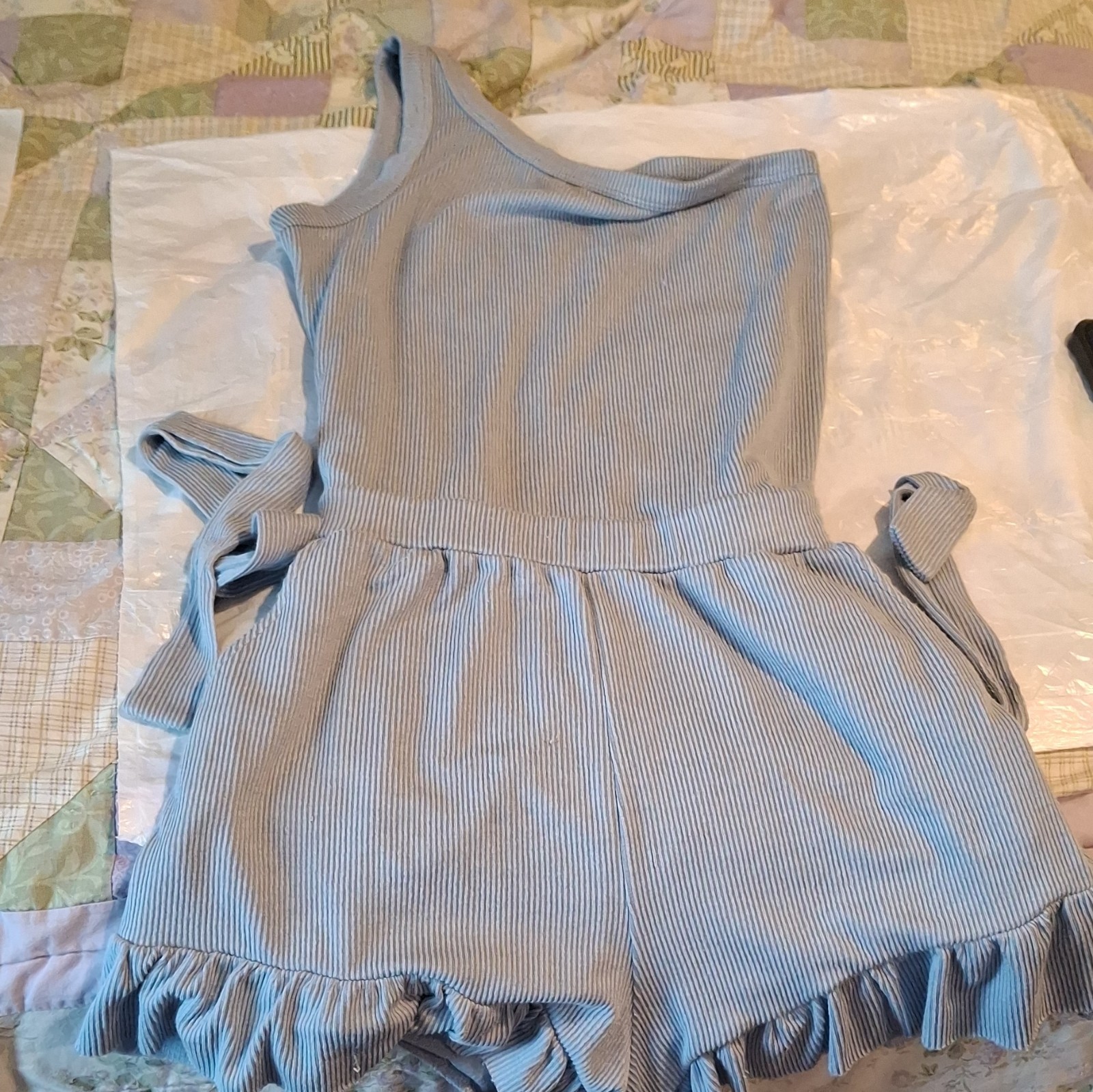 Ocean Drive Blue One-Shoulder Ruffle Hem Tie Waist Romper With Pockets Size M