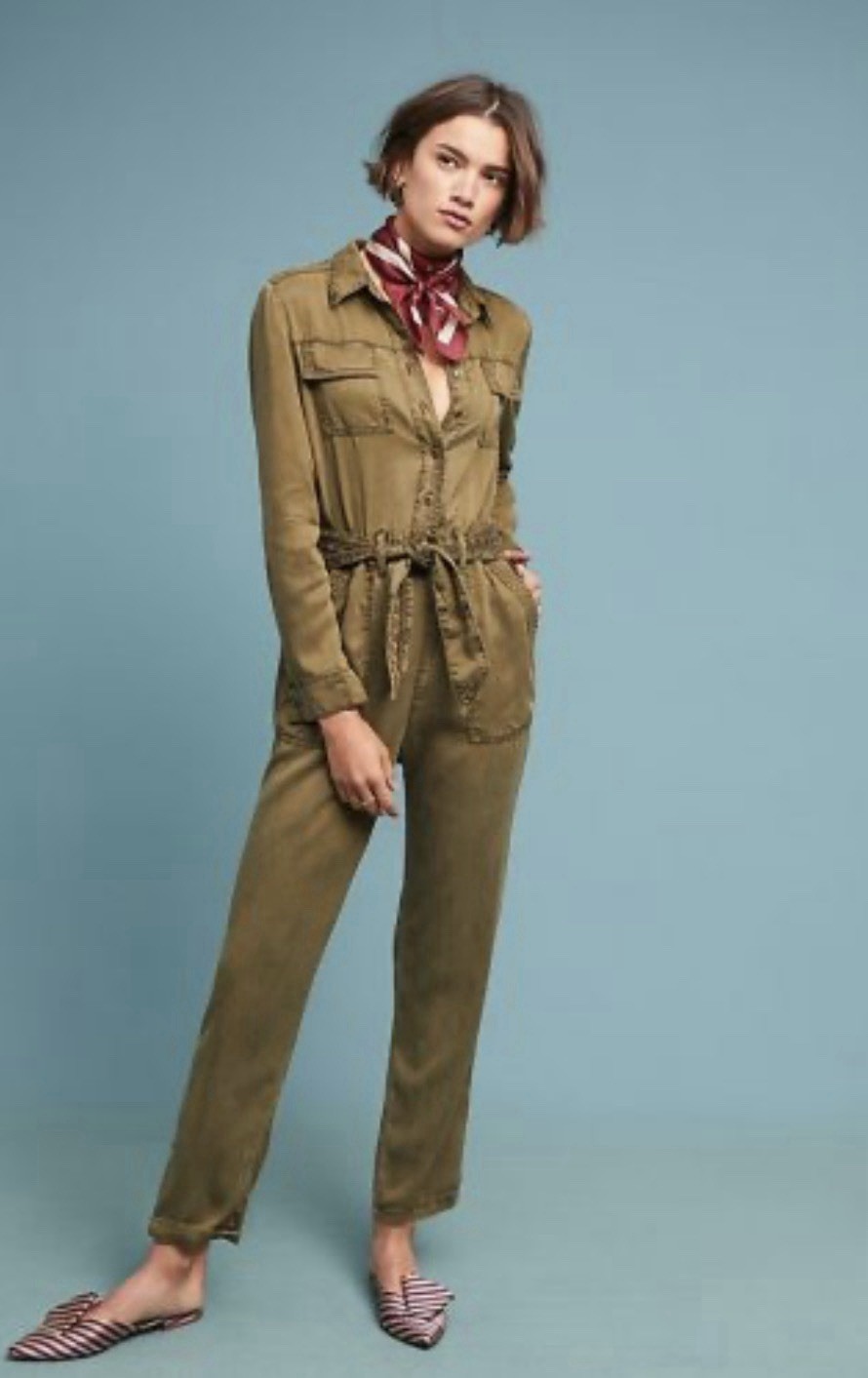 Anthropologie XS Utility Jumpsuit Olive Green Button Cargo Embroidered Belt