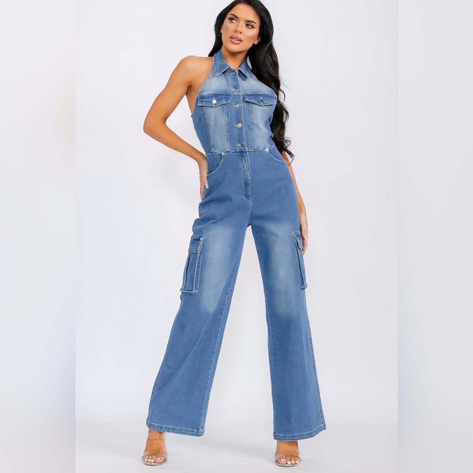 NWT Timing Sleeveless Halter Pockets Denim Washed Wide Leg Jumpsuit Sm Md Lg.