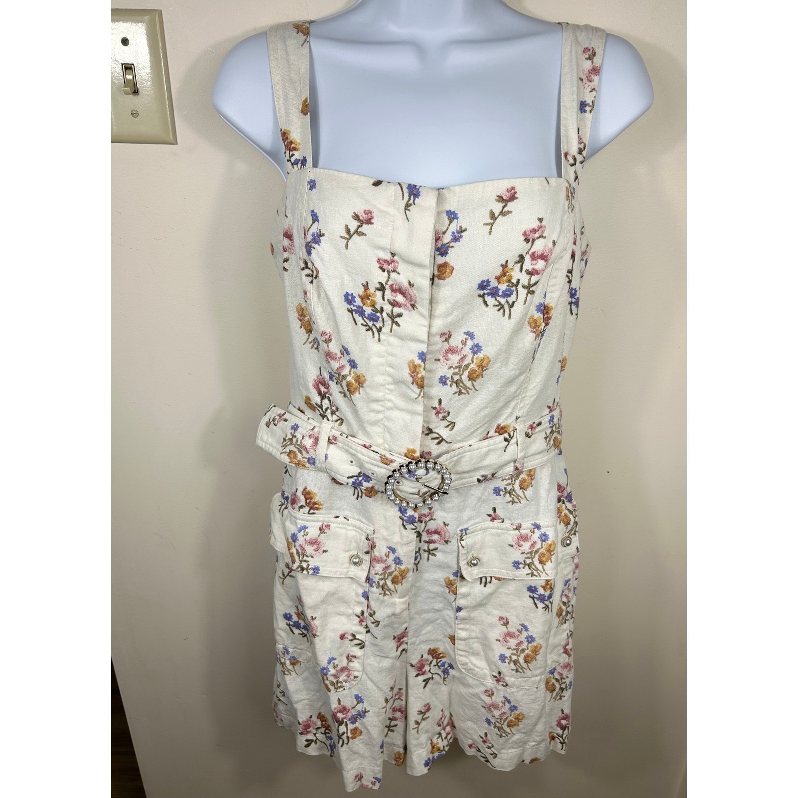 House of Harlow 1960 Floral Romper Womens 8 Ivory Pearl Belted Cottagecore Linen