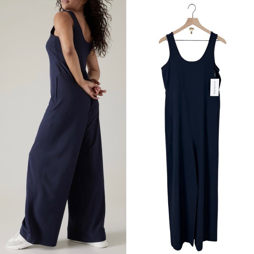 Athleta Passenger Jumpsuit Ribbed Tank Top Wide Leg Navy Blue Sz S Tall NWT