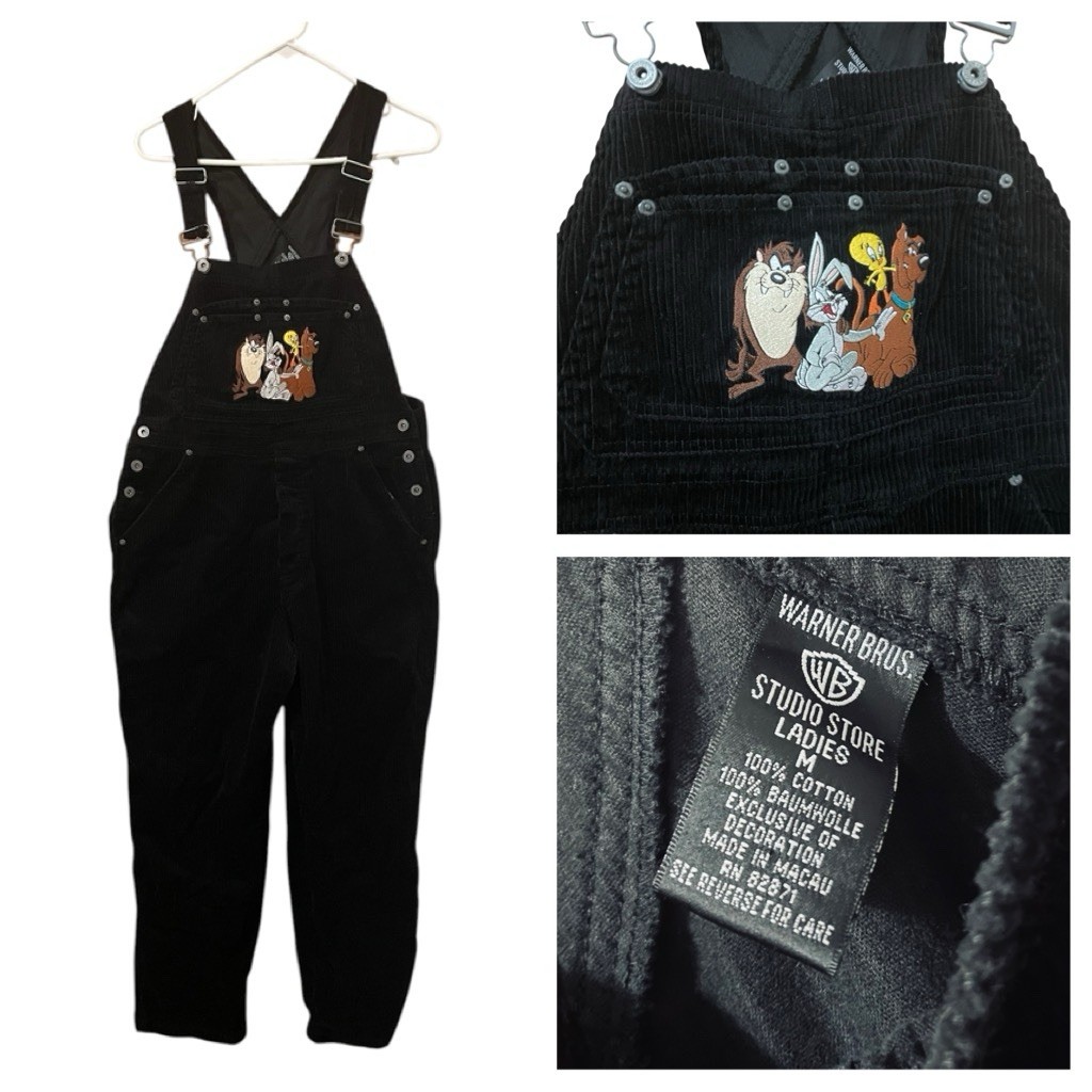 VTG Looney Tunes Skater Overalls Black Corduroy Scooby Doo Taz 90’s Women’s M/L