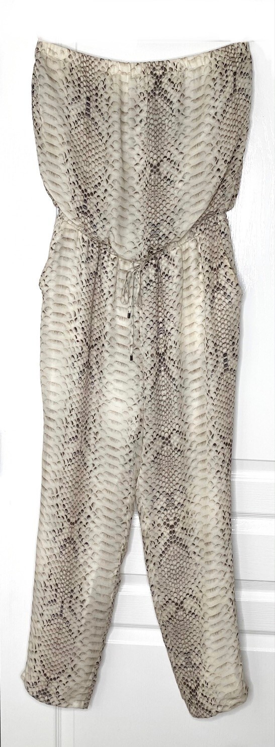HAUTE HIPPIE Taupe Python Snake Print Silk Strapless Crop Pant Jumpsuit L = 10
