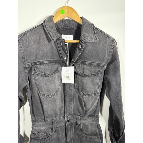 PISTOLA Women’s Denim Jumpsuit Dress Gray Long Sleeve Button Front Belted XS