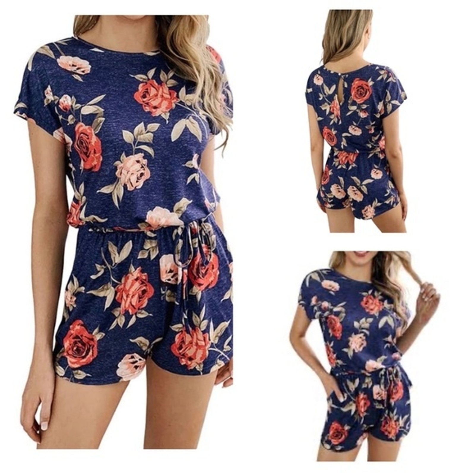 Denim blue cotton blend floral romper with pockets size medium