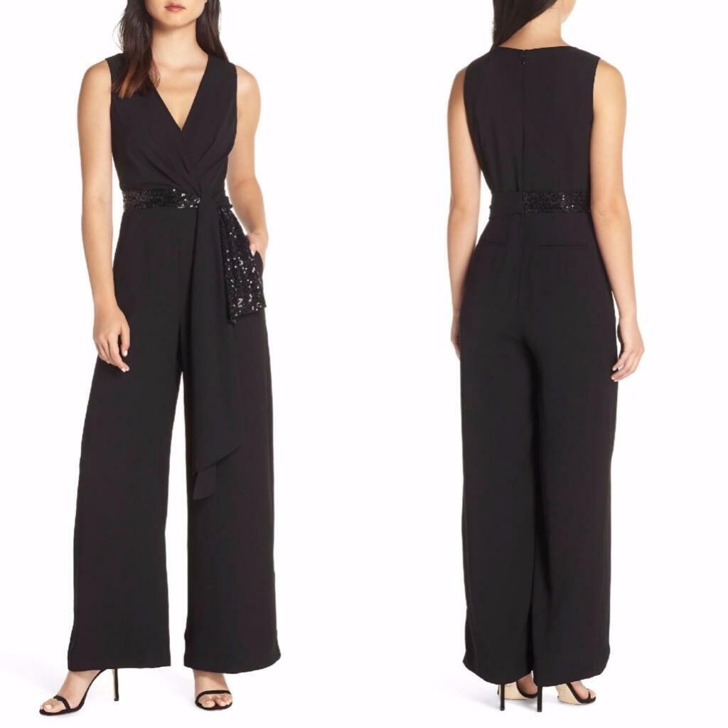 Eliza J Black Cascading Sequin Tie Jumpsuit Size 20W $168