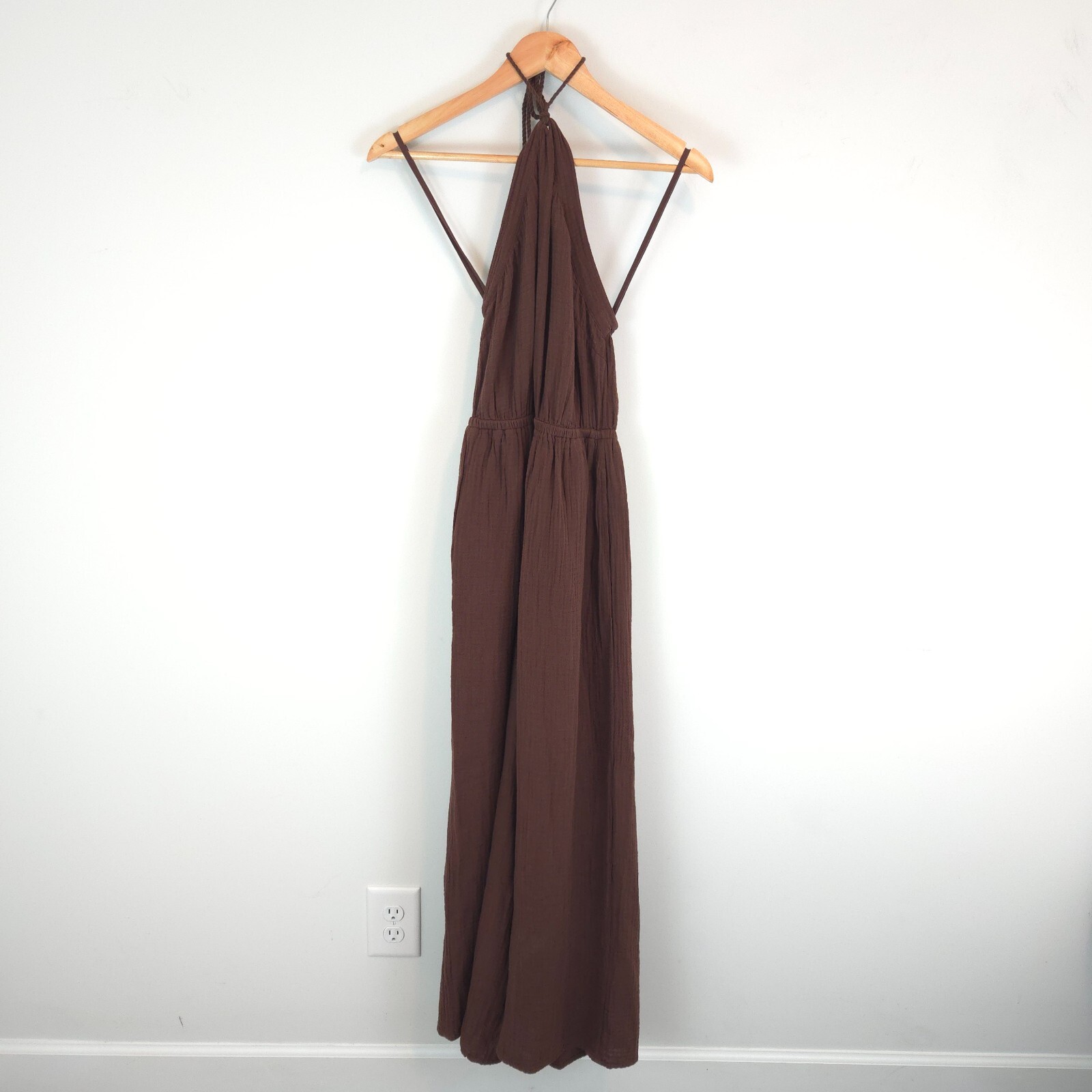 Aerie Women’s Brown Gauzy Halter Jumpsuit Lightweight Cotton Pockets Size XS