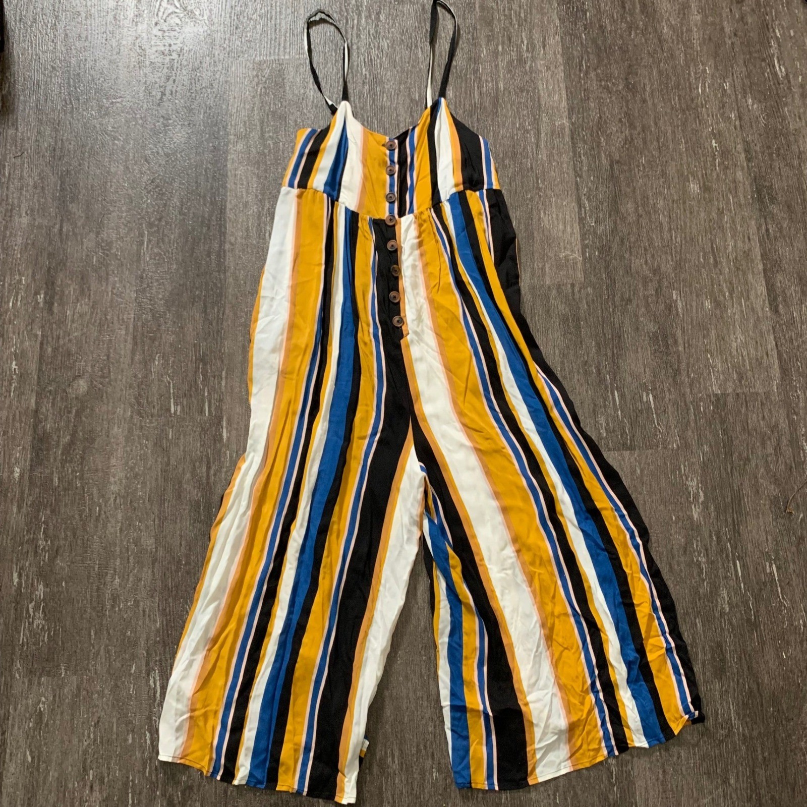 Urban Outfitters Striped Wide Leg Jumpsuit Yellow Blue Black White M NWT