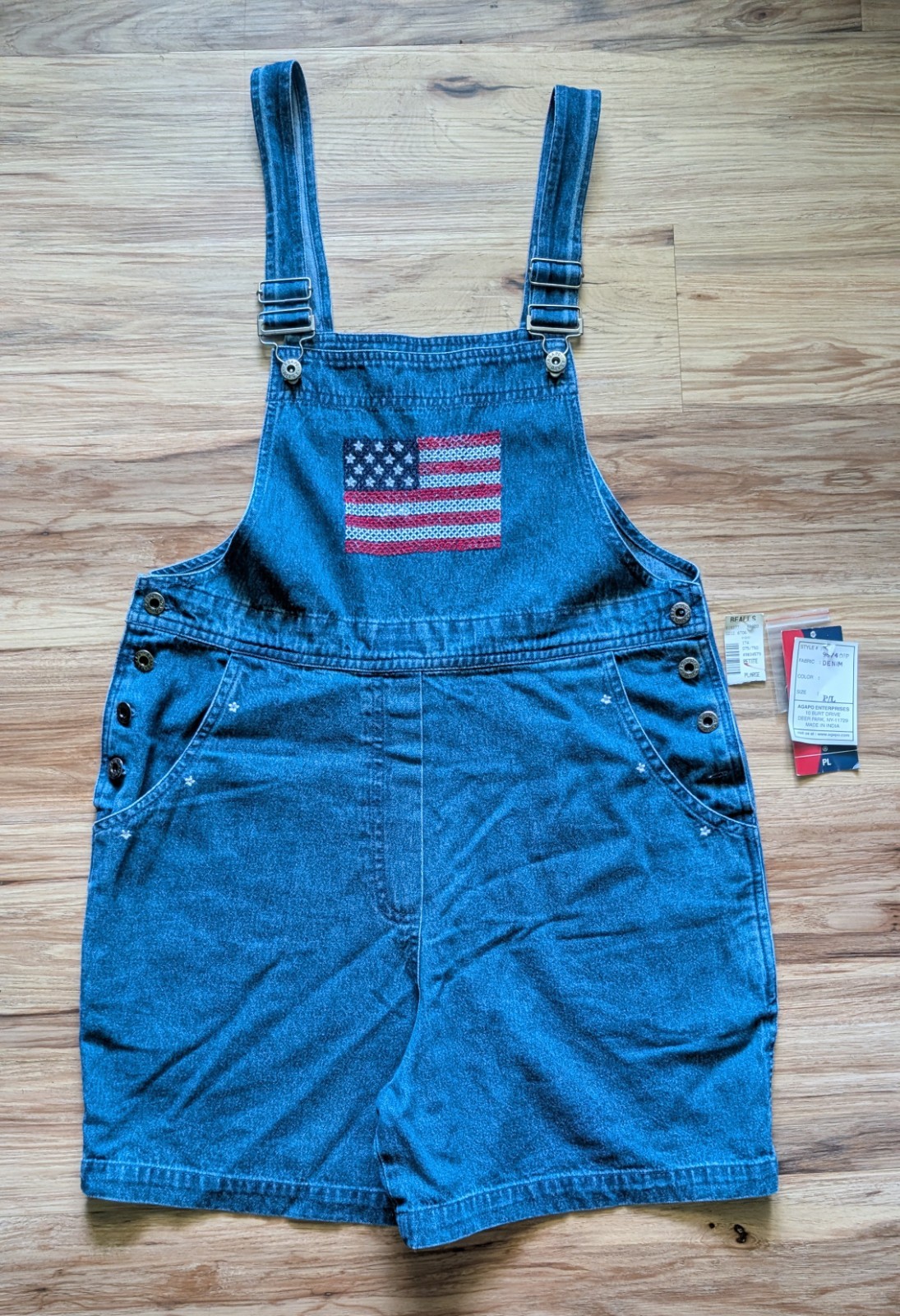 Vintage Agapo Denim Shortalls NWT Womens PL Blue American Flag Overalls 90s USA