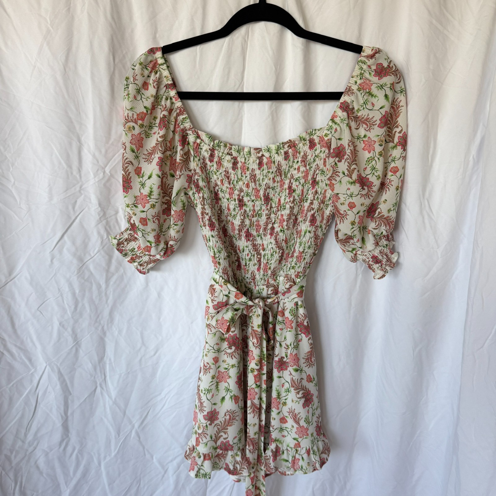Anthropologie Flying Tomato Floral Smocked Tie Waist Ruffle Shorts Romper Size S