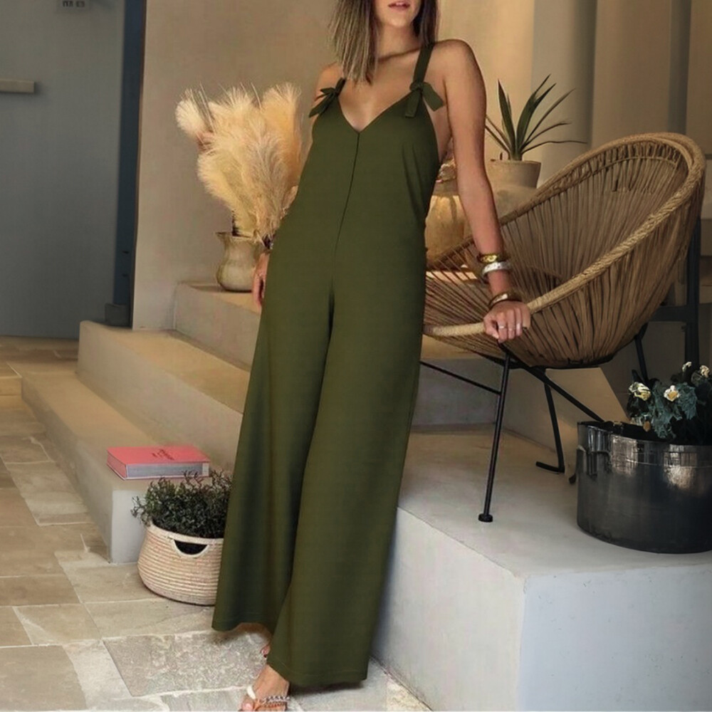 Women V-Neck Pockets Casual Loose Summer Sleeveless Jumpsuit Holiday Beach Pants