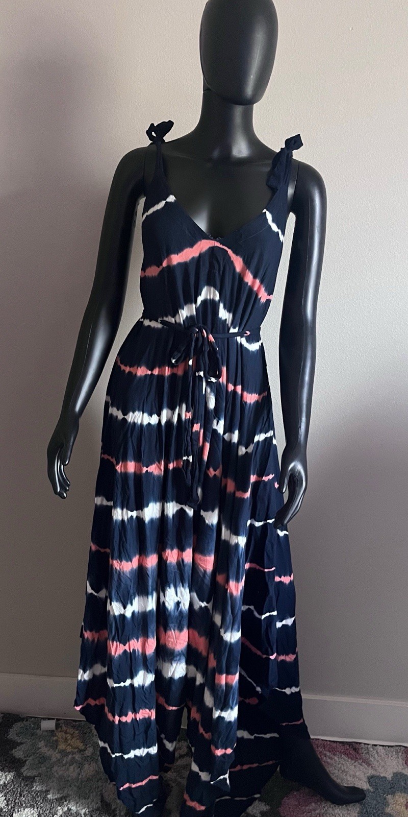 Young Fabulous & Broke Tie Dye Wide-Leg Jumpsuit V-Neck Drawstring S Navy