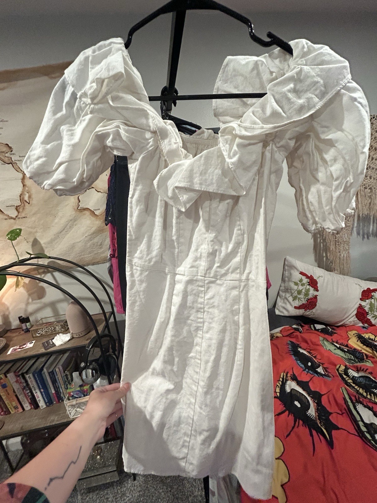 H&M White Linen Blend Ruffle Puff Sleeve Romper w/ Pockets Zip Size S