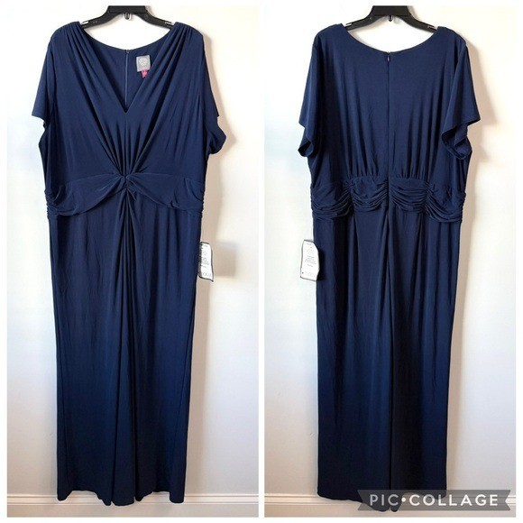 Vince Camuto Jersey Knit V-Neck Jumpsuit Navy Blue 3X Plus Size
