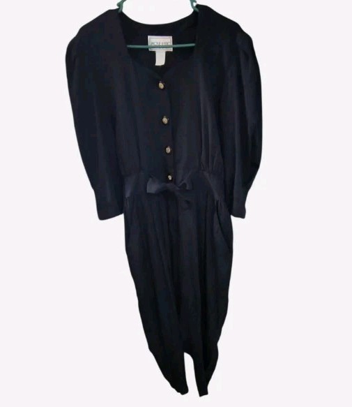 Vtg Jackie & Eric Black Jumpsuit Womens M/L Sweetheart Neck Puff Sleeve Goth 70s