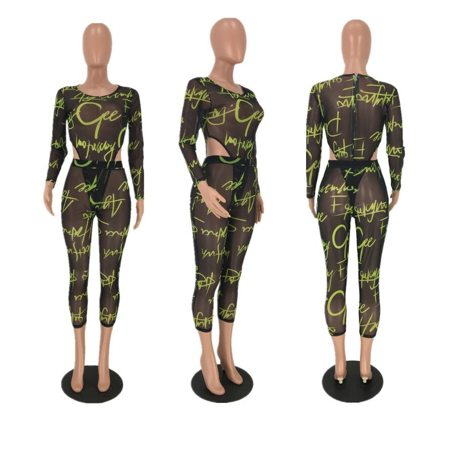 Women Beach Letter Print Mesh Transparent Swimsuit +Ankle Length Pants 2PC Set
