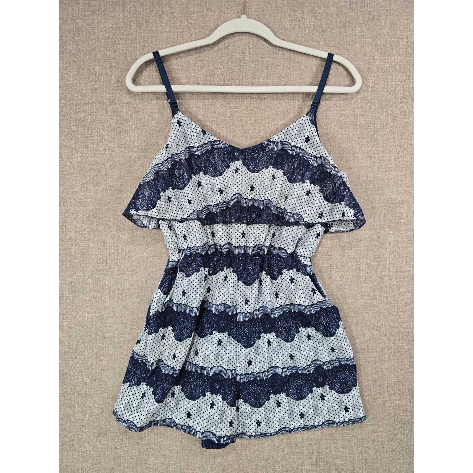 Altar’d State Womens Blue White Lace Print Ruffle Romper Size S Style 8754