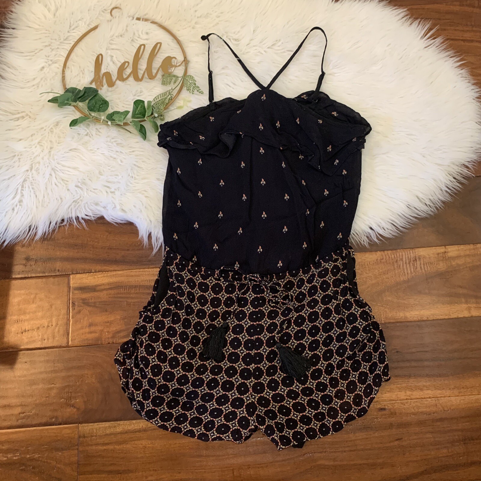 Greylin Womens Romper Heidi Halter Size XS Black Brown Red Ruffle Pockets Tie