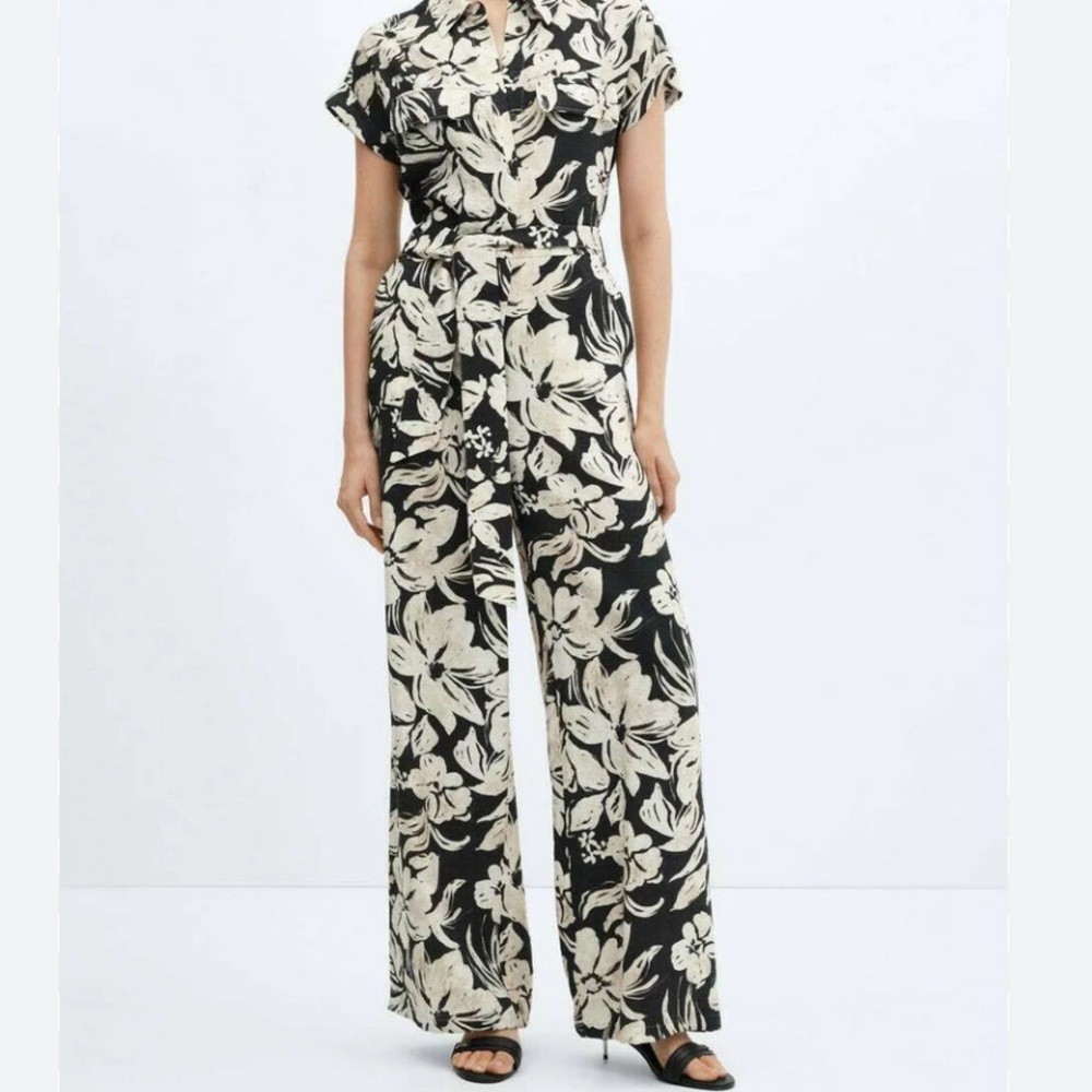 New Mango Black & Cream Floral Jumpsuit Womens Size Medium Short Sleeve Wide Leg