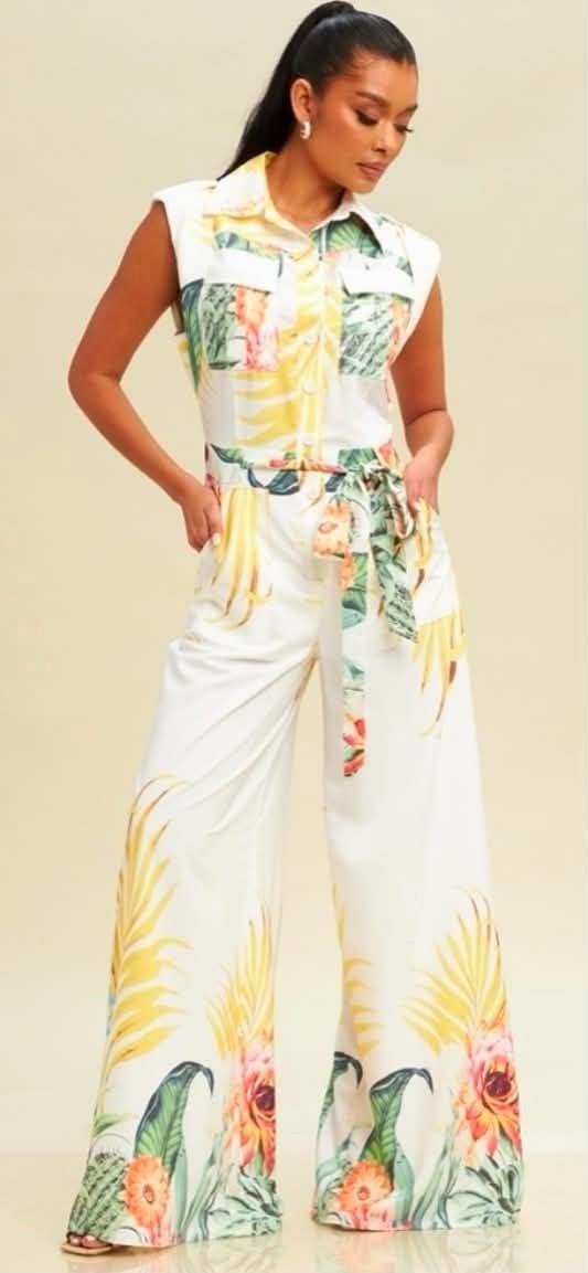 Luxxel Tropical Print jumpsuit belted Waist and Wide Leg size Large