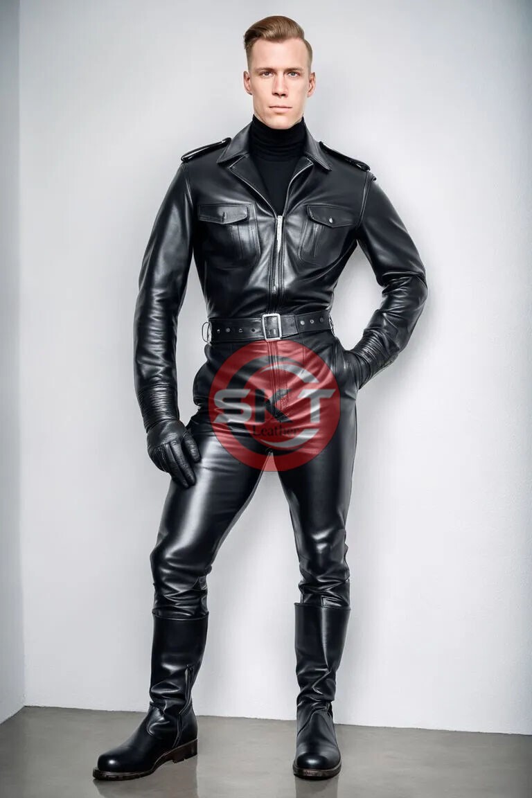 MEN’S GENUINE COWHIDE LEATHER CATSUIT OVERALL BODYSUIT JUMPSUIT BLACK
