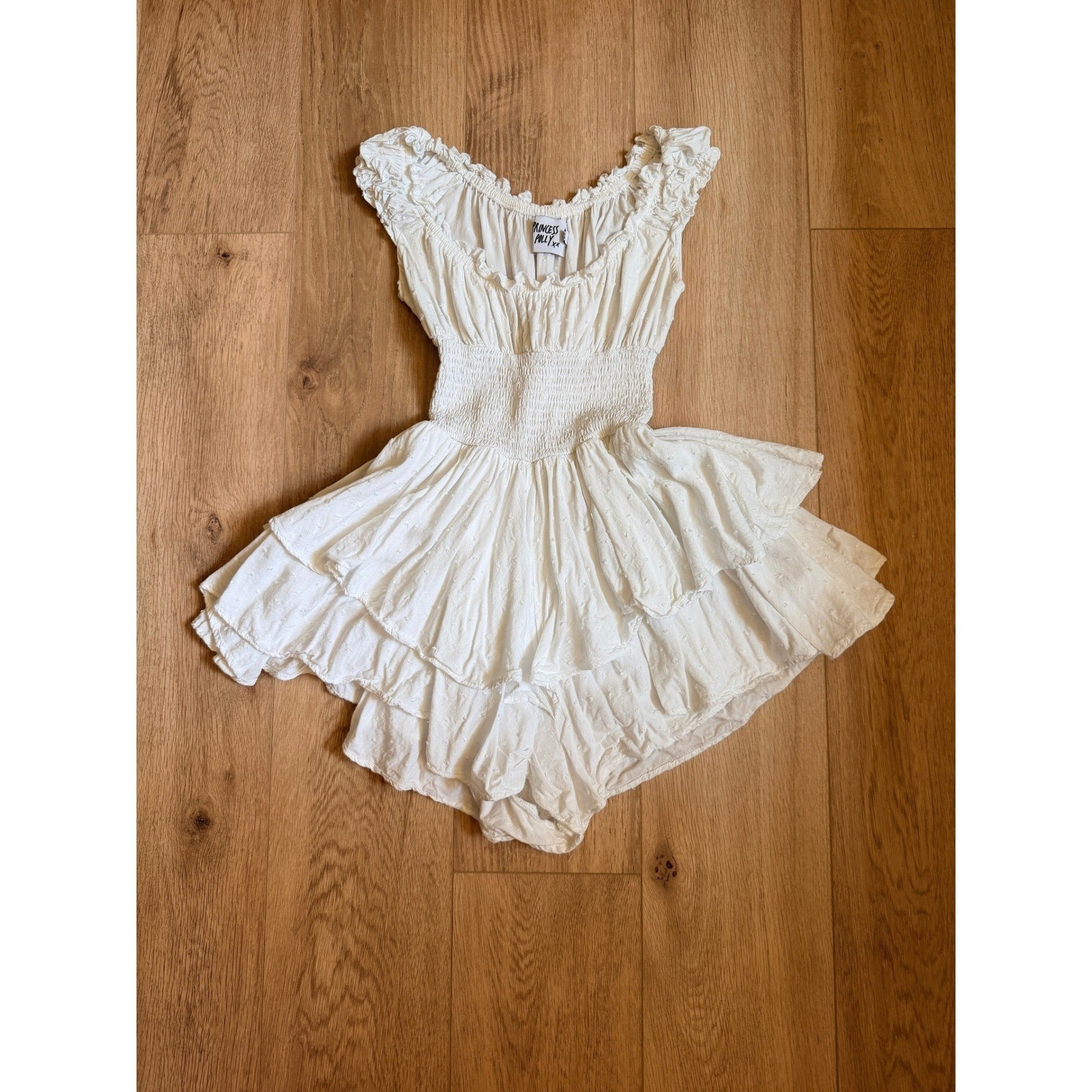 Princess Polly White Swiss Dot Ruffle Mini Romper Smocked Waist Boho Size