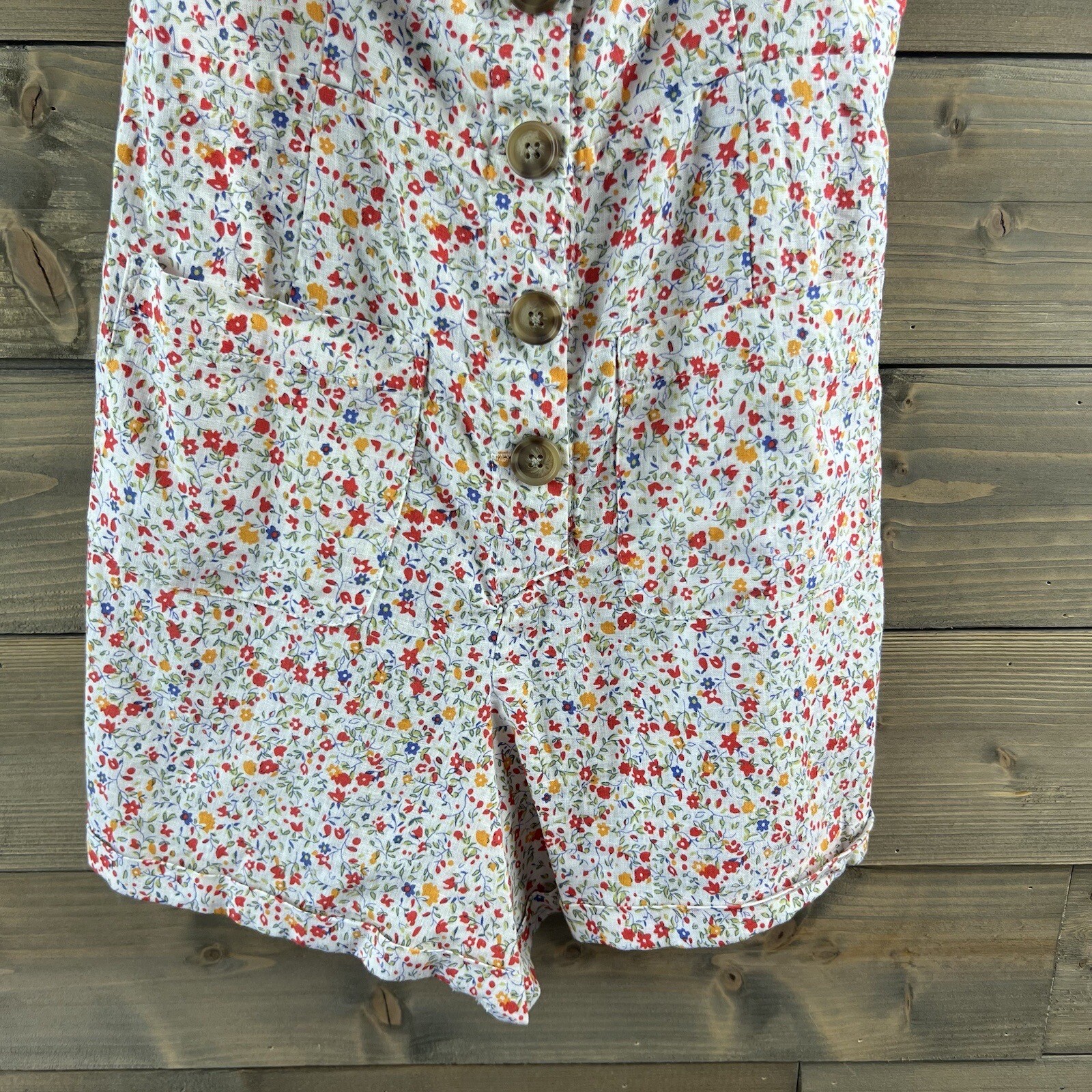 Urban Outfitters Womens Romper Sleeveless Floral Smocking Pockets Button Small