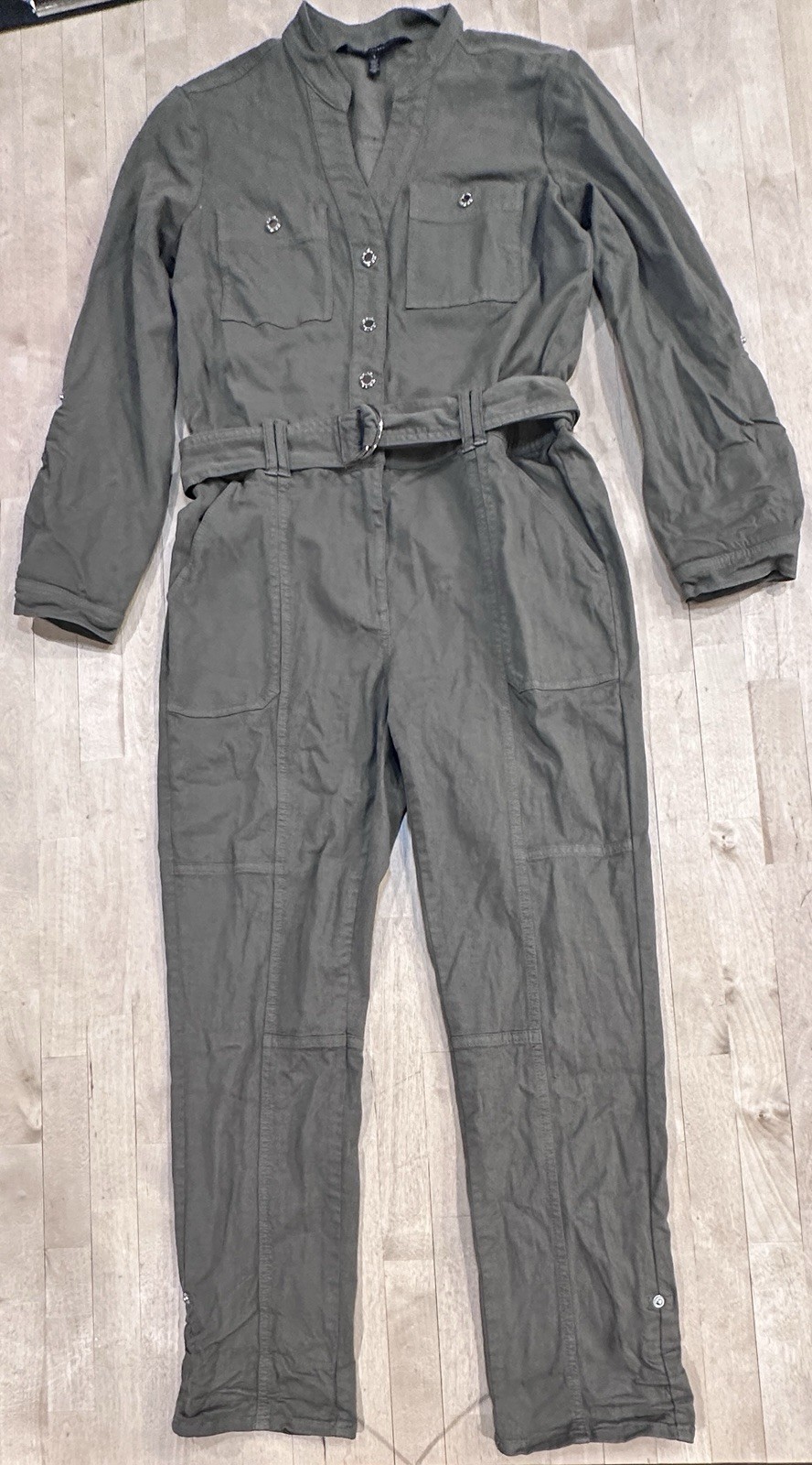 Jumpsuit Army Green Adjustable Straps Belts Gold Buttons Women’s 4