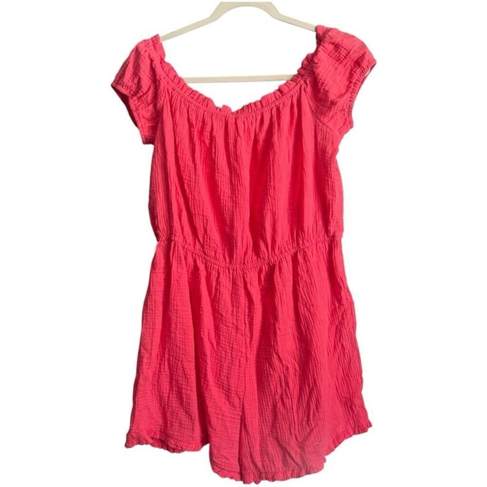 BP Pink Seersucker Off Shoulder Romper Large 100% Cotton Ruffle NWOT