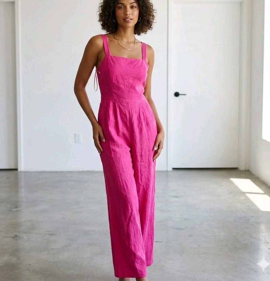 Nic + Zoe Womens Jumpuit 8 Wide Leg Linen Pink Sustainable Smocked Lagenlook