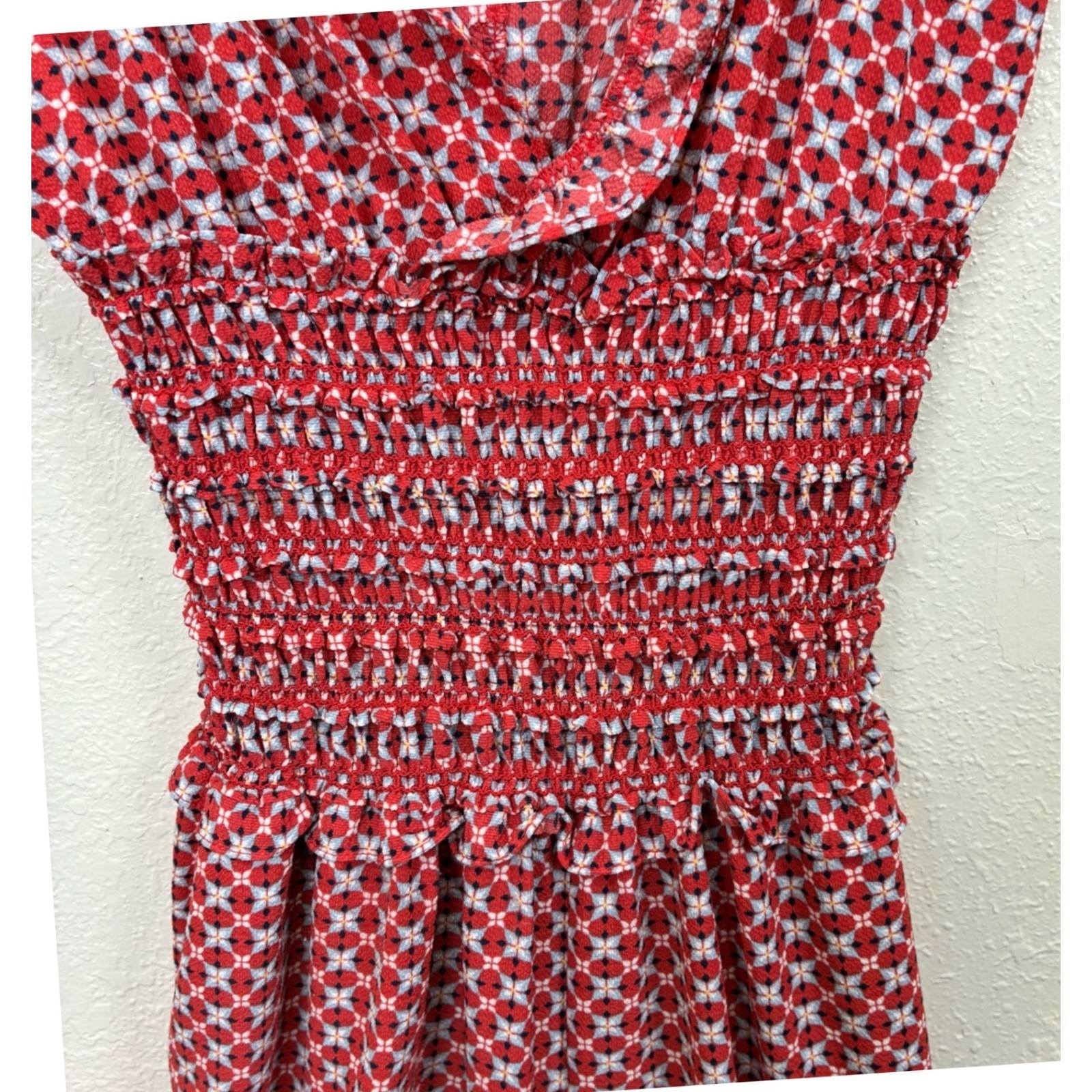 Max Studio Red Geometric Print Smocked Waist Ruffle Jumpsuit 8901C46 Small Boho