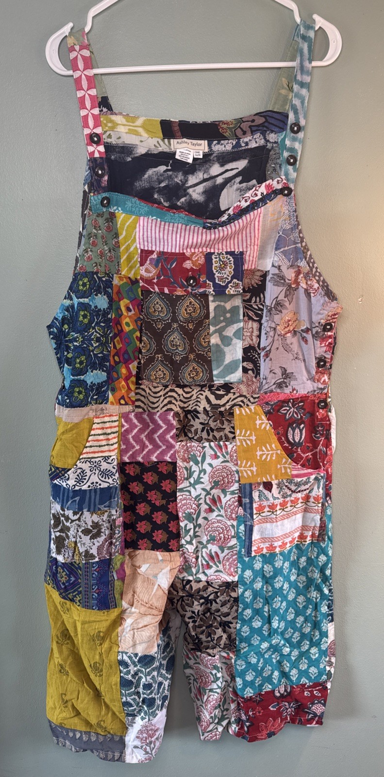 Ashley Taylor Shortalls Womens One Size Multicolor Patchwork Art Boho Overalls