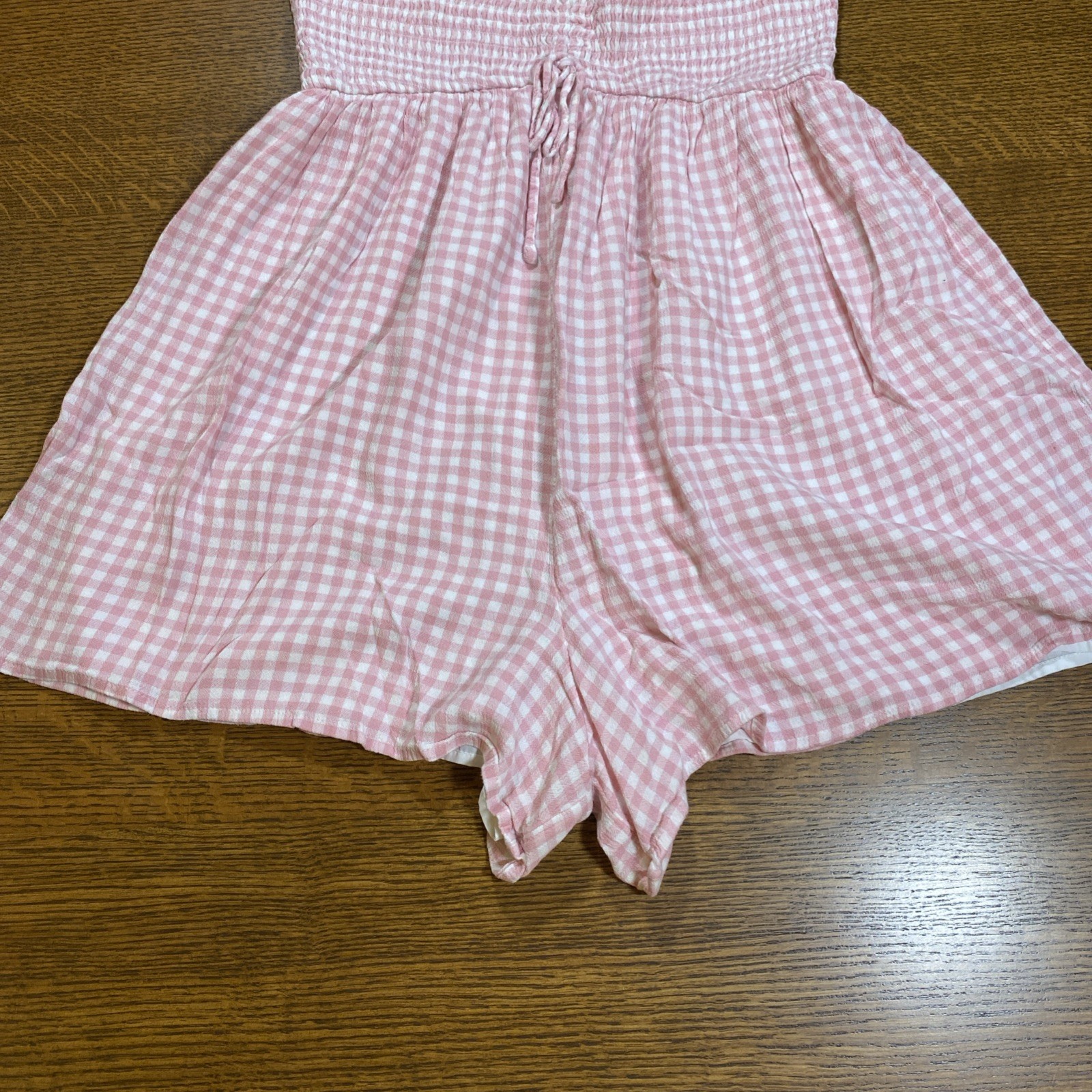 HOLLISTER Pink White Gingham Romper Puff Sleeve Picnic Coquette Cottage Farm L