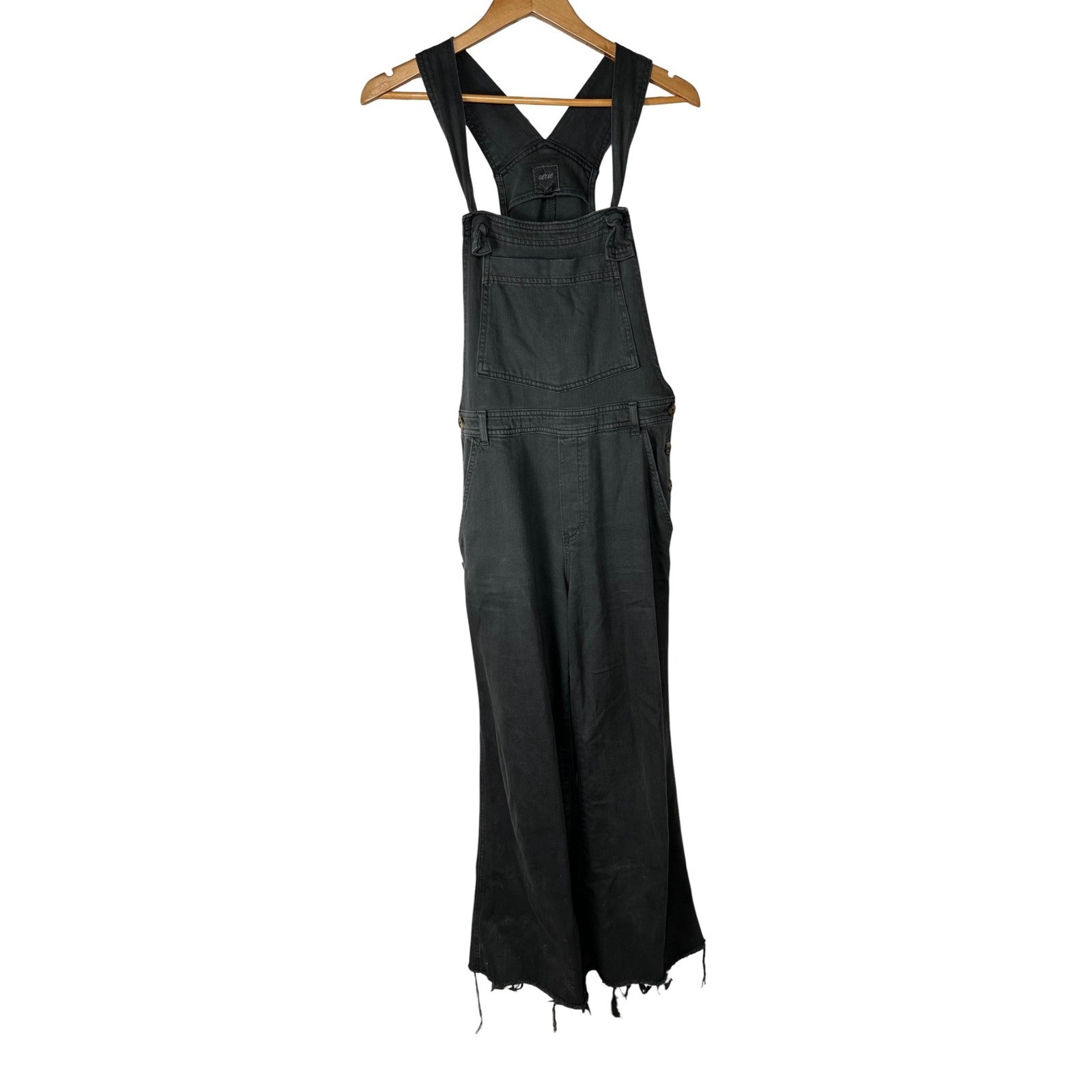 Aerie Womens Charcoal Gray Wide Leg Denim Overalls Raw Hem Size Medium