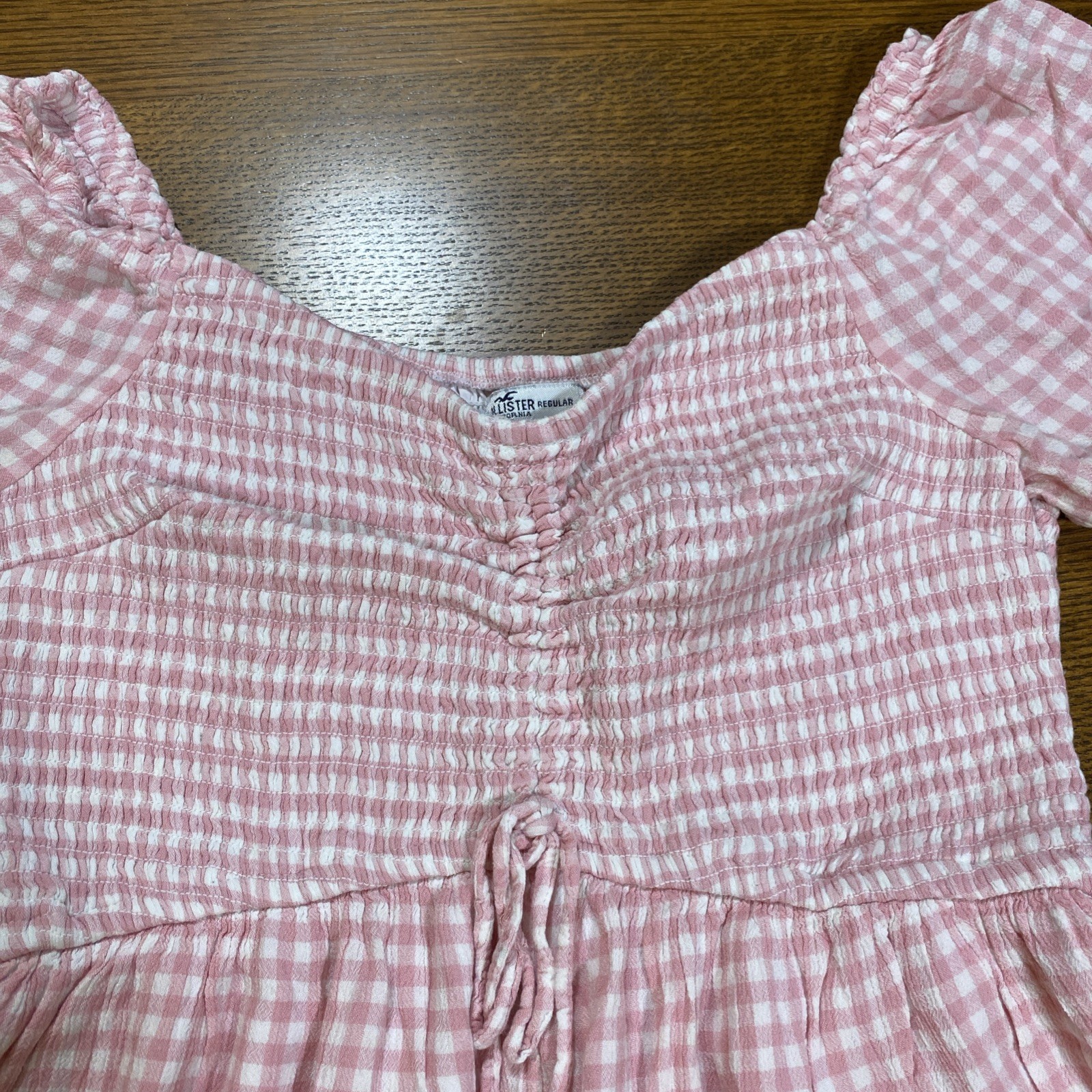 HOLLISTER Pink White Gingham Romper Puff Sleeve Picnic Coquette Cottage Farm L