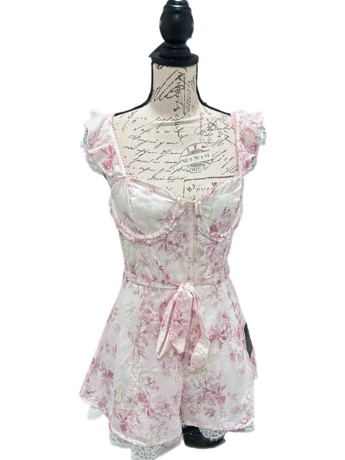 Lulu’s “Whimsy Ivory & Blush Floral Lace Bustier Romper Sz S NWT CottageCore