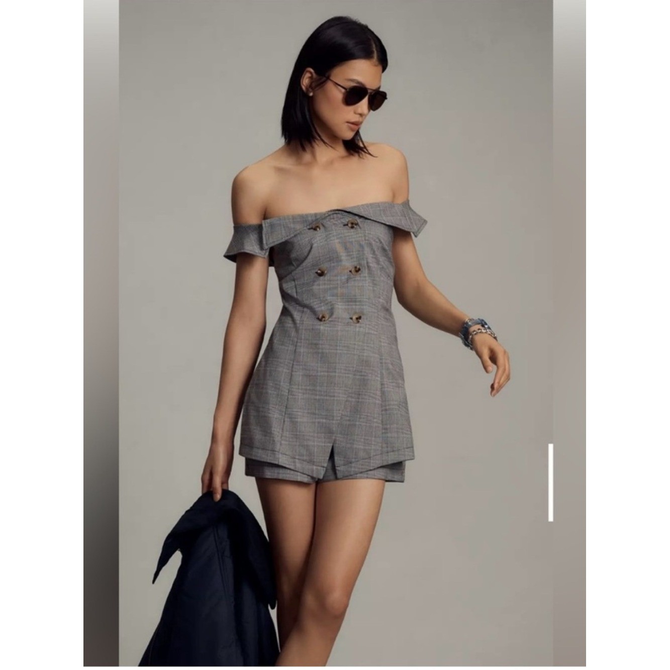 Anthropologie Maeve Off-The-Shoulder Button-FrontRomper – Grey Plaid- Size 12