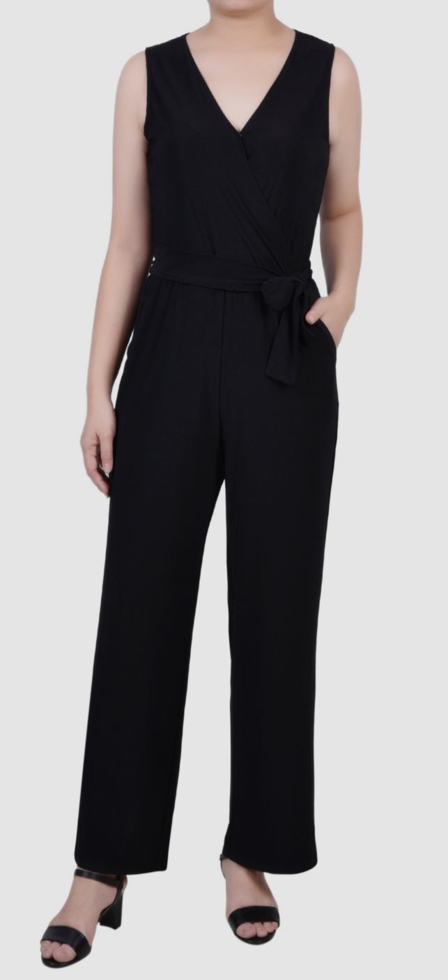 NY Collection Womens Black Surplice 3/4 Sleeve Self-Tie Jumpsuit Petite Size PXS