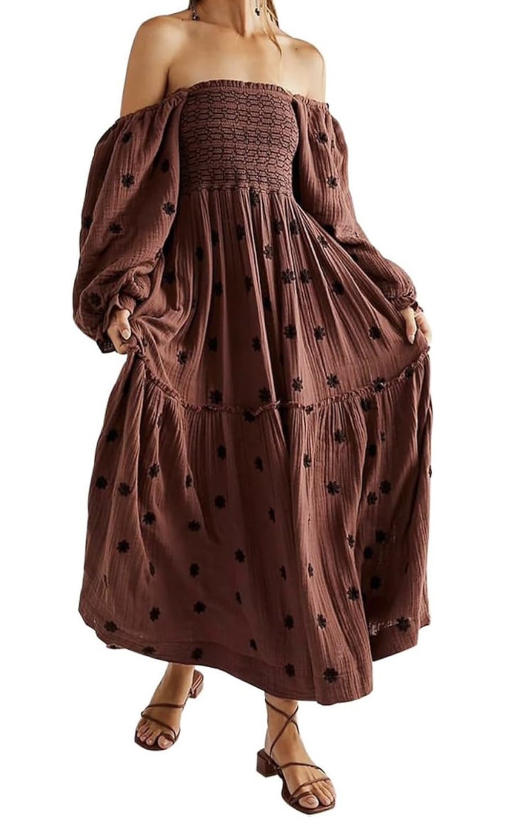 Bohemian Women’s Floral Embroidered Smocked Tiered Maxi Dress Brown Sz S