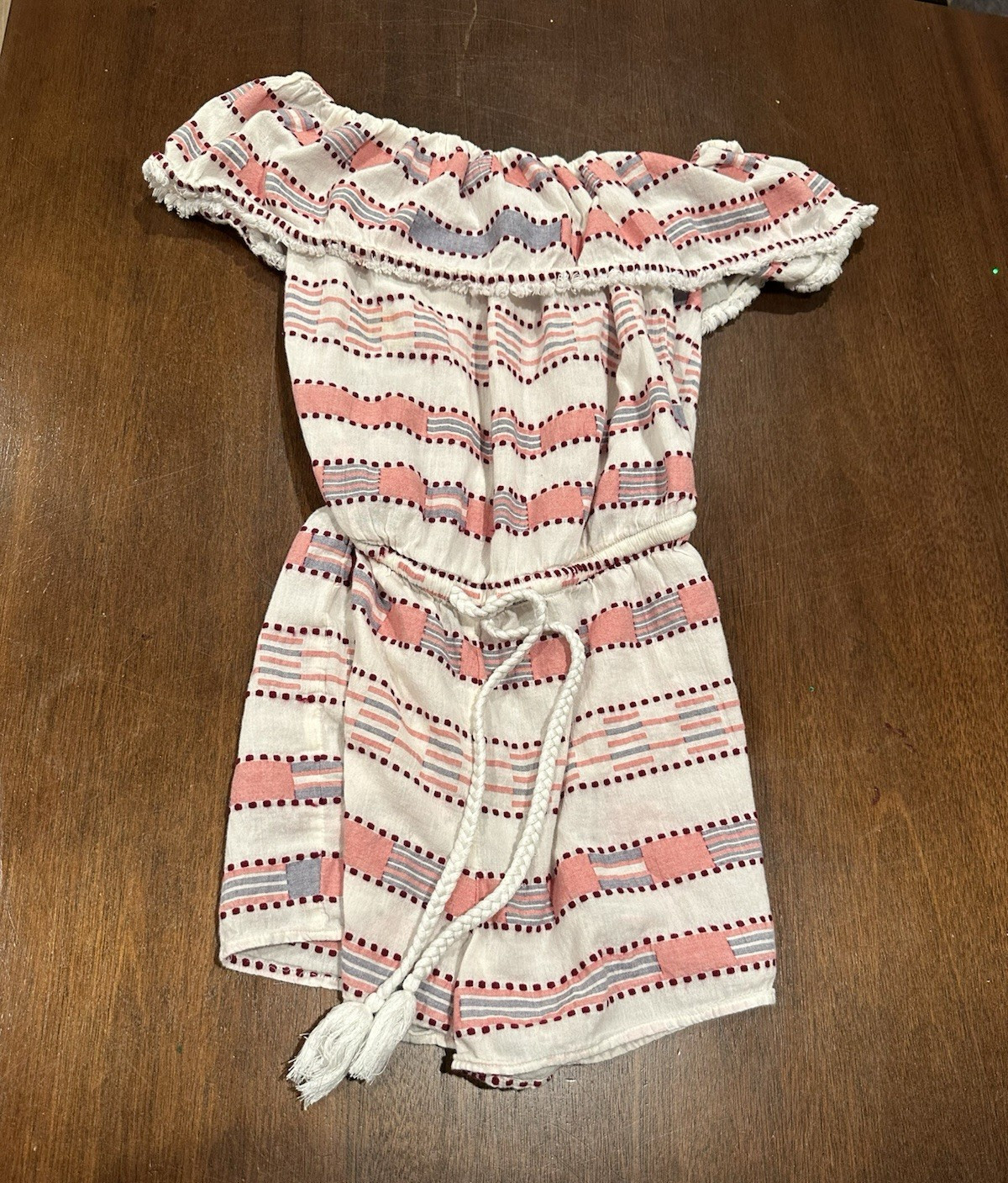 LOFT Off-Shoulder Striped Ruffle Romper Tassel Drawstring Cotton S White/Pink