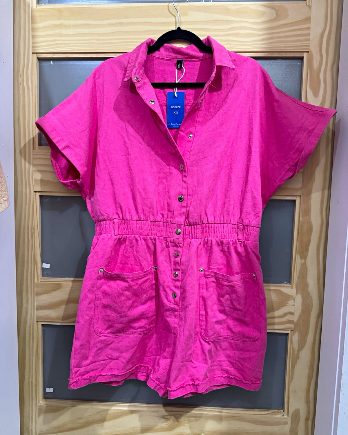 ChouYatou Pink Cotton Denim Collared Button-Front Romper Pockets 2XL
